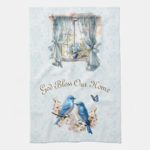 God Bless Our Home Bluebird Floral Damask Kitchen Towel