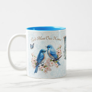 God Bless Our Home Bluebird Floral Damask Two-Tone Coffee Mug
