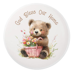 God Bless Our Home Cute Teddy Bear Ceramic Knob