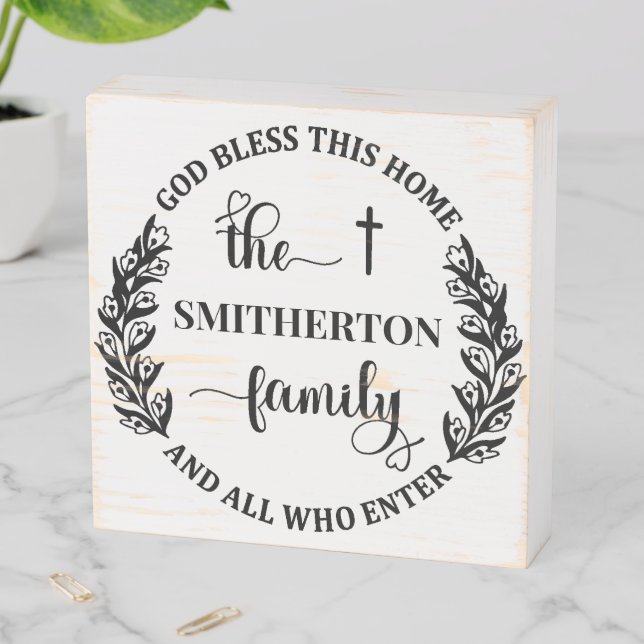 God Bless Our Home Famiily Name Wreath Farmhouse  Wooden Box Sign (In Situ Horizontal)