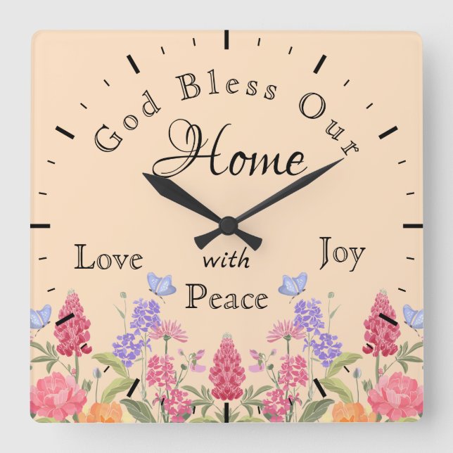 God Bless Our Home Floral Wildflowers Beige Square Wall Clock (Front)