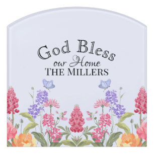 God Bless Our Home Floral Wildflowers Blue Door Sign