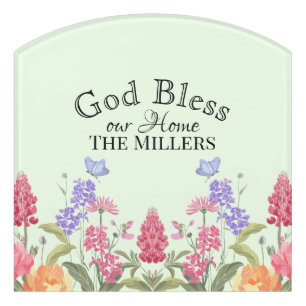 God Bless Our Home Floral Wildflowers Green Door Sign