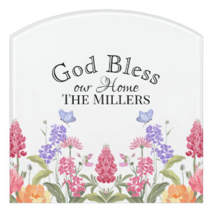 God Bless Our Home Floral Wildflowers White Door Sign