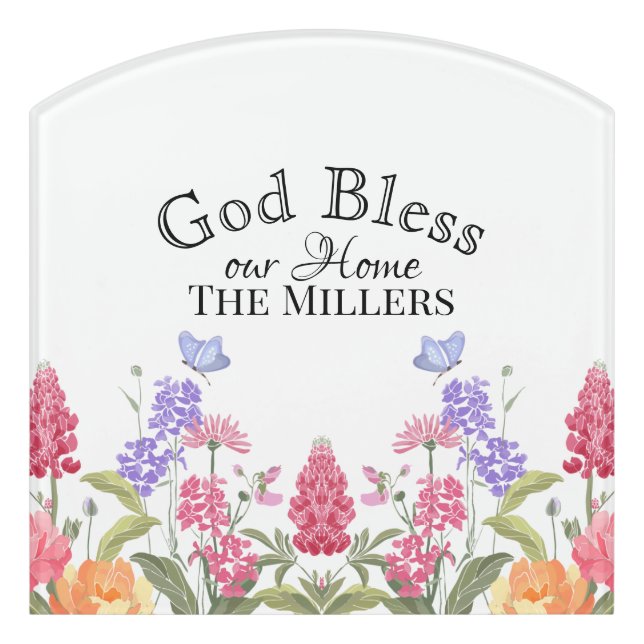 God Bless Our Home Floral Wildflowers White Door Sign (Contour Front)