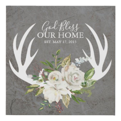 God Bless Our Home Flowers and Antlers Faux Canvas Print