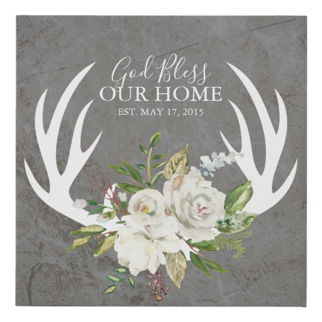 God Bless Our Home Flowers and Antlers Faux Canvas Print (Front)
