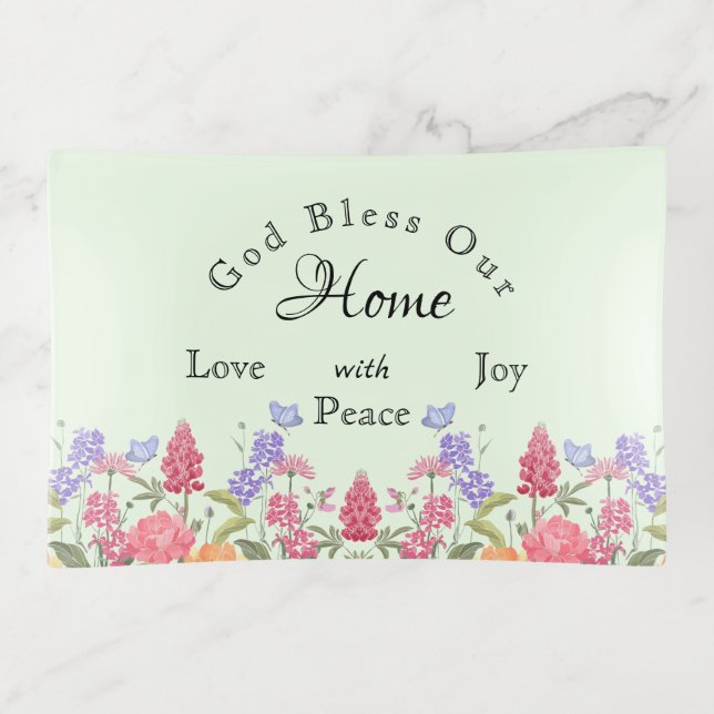 God Bless Our Home Green Floral Wildflower Trinket Tray (Front)