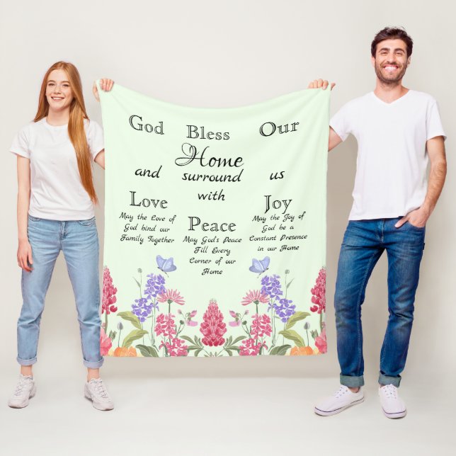 God Bless Our Home Green Floral Wildflowers Fleece Blanket (In Situ)