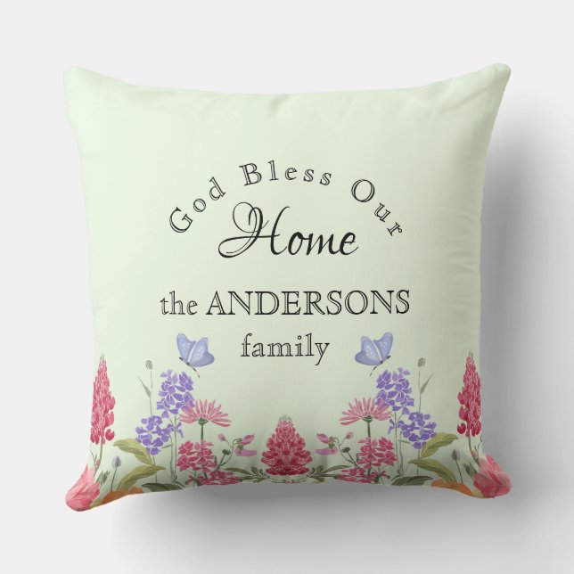 God Bless Our Home Green Wildflower Family Name Throw Pillow (Back)