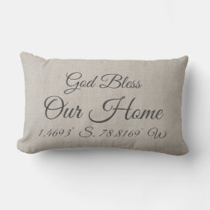 God Bless Our Home Latitue Longitude Natural Linen Lumbar Pillow