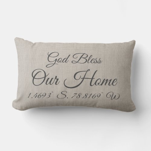 God Bless Our Home Latitue Longitude Natural Linen Lumbar Pillow