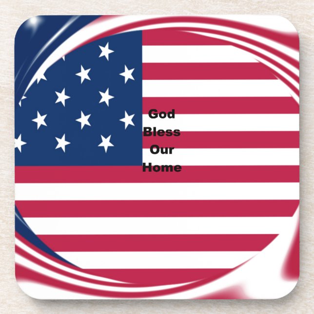 God Bless Our Home: USA Flag Swirl Art Beverage Coaster (Front)
