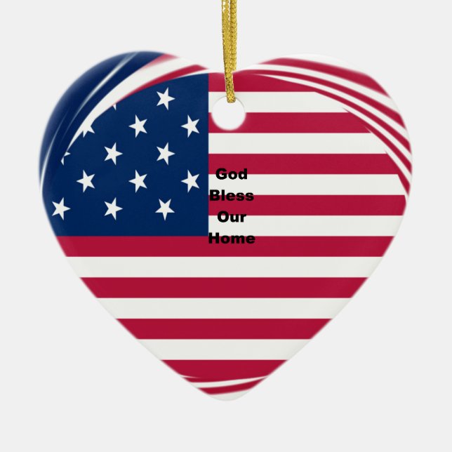 God Bless Our Home: USA Flag Swirl Art Ceramic Ornament (Front)