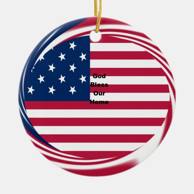 God Bless Our Home: USA Flag Swirl Art Ceramic Ornament (Front)