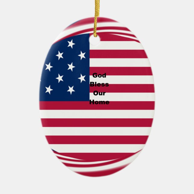 God Bless Our Home: USA Flag Swirl Art Ceramic Ornament (Front)