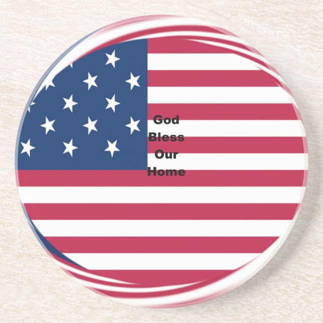 God Bless Our Home: USA Flag Swirl Art Sandstone Coaster (Front)
