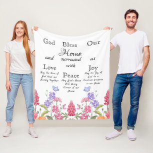 God Bless Our Home White Floral Wildflowers Fleece Blanket