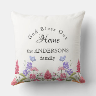 God Bless Our Home White Wildflower Family Name Throw Pillow