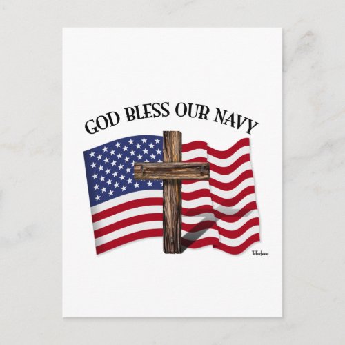 GOD BLESS OUR NAVY with rugged cross  US flag Postcard