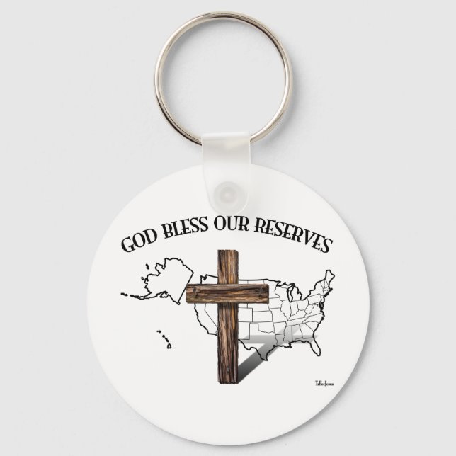 GOD BLESS OUR RESERVES, rugged cross & US outline Keychain (Front)