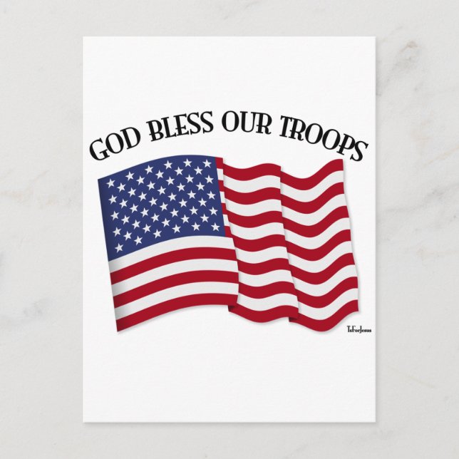 God Bless Our Troops with US flag Postcard (Front)