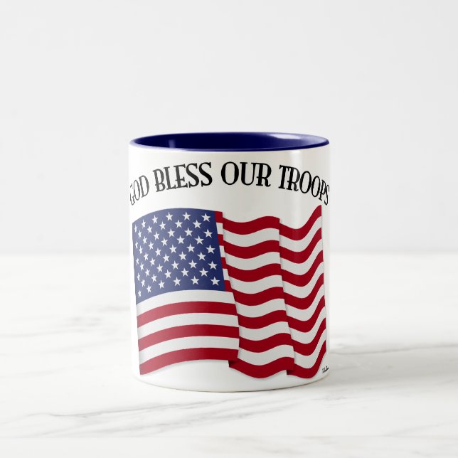 God Bless Our Troops with US flag Two-Tone Coffee Mug (Center)
