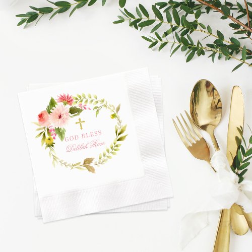 God Bless Pink and Gold Floral Wreath Girl Baptism Napkins