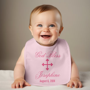 God Bless Pink Cross Baby Girl Baptism Bib