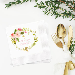 God Bless Pink Gold Floral Wreath Baptism Napkins