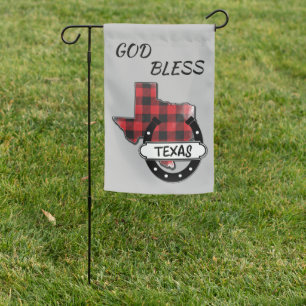God Bless Texas Buffalo Plaid Horseshoe Garden Flag