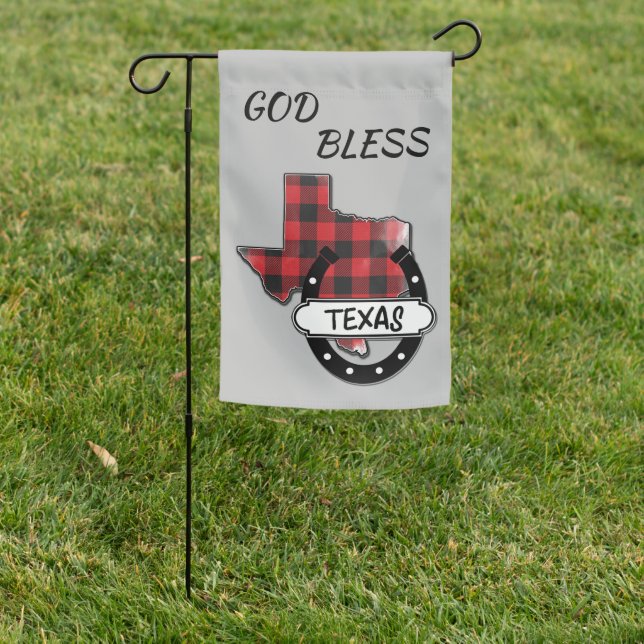 God Bless Texas Buffalo Plaid Horseshoe Garden Flag (In SItu)