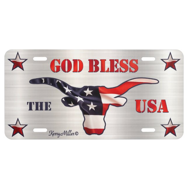 God Bless The USA - Longhorn Steer License Plate (Front)