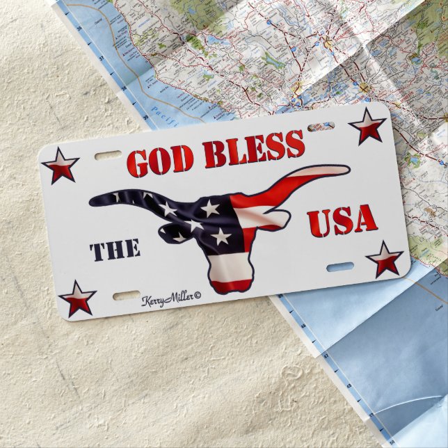 God Bless The USA - Longhorn Steer License Plate (In Situ)
