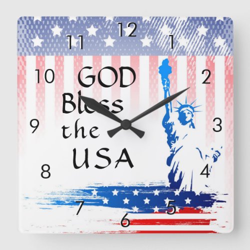 God Bless the USA Statue of Liberty American Flag Square Wall Clock