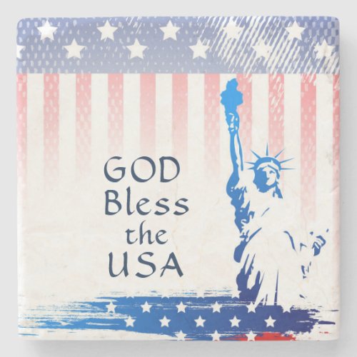 God Bless the USA Statue of Liberty American Flag Stone Coaster