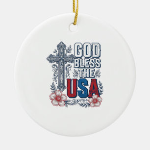 God Bless The USA Vintage Cross Patriotic Shirt (2 Ceramic Ornament