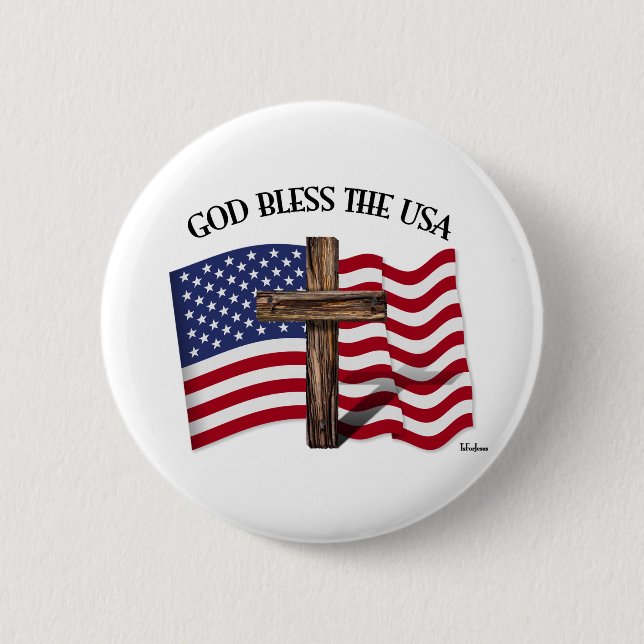 GOD BLESS THE USA with rugged cross & US flag Button (Front)
