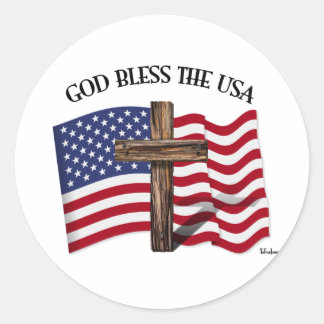 GOD BLESS THE USA with rugged cross & US flag Classic Round Sticker