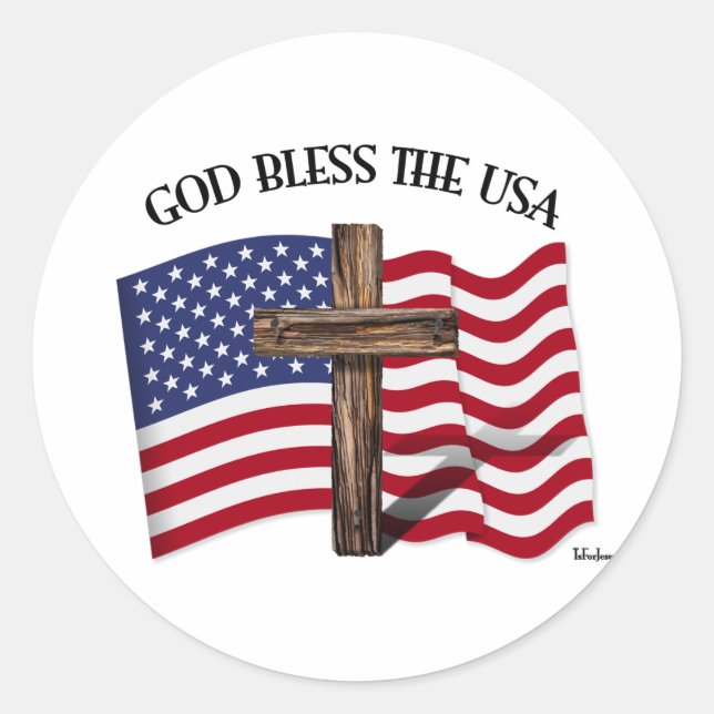 GOD BLESS THE USA with rugged cross & US flag Classic Round Sticker (Front)