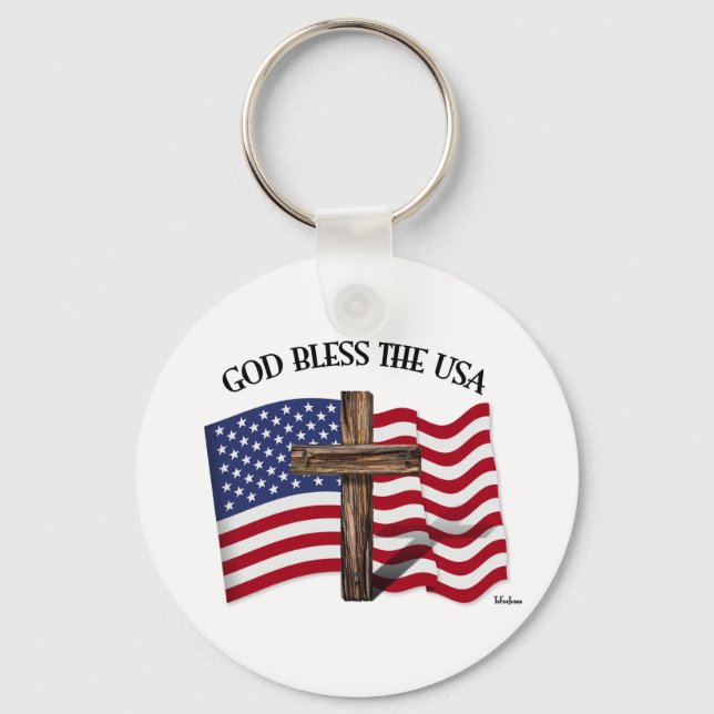 GOD BLESS THE USA with rugged cross & US flag Keychain (Front)