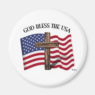 GOD BLESS THE USA with rugged cross & US flag Magnet