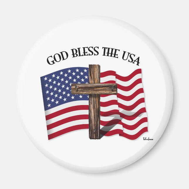 GOD BLESS THE USA with rugged cross & US flag Magnet (Front)
