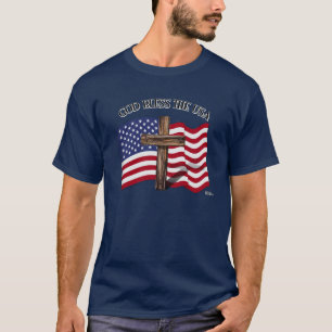 GOD BLESS THE USA with rugged cross & US flag T-Shirt