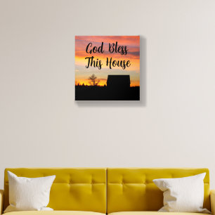 God Bless This House Sunset Silhouette Wood Photo Tile