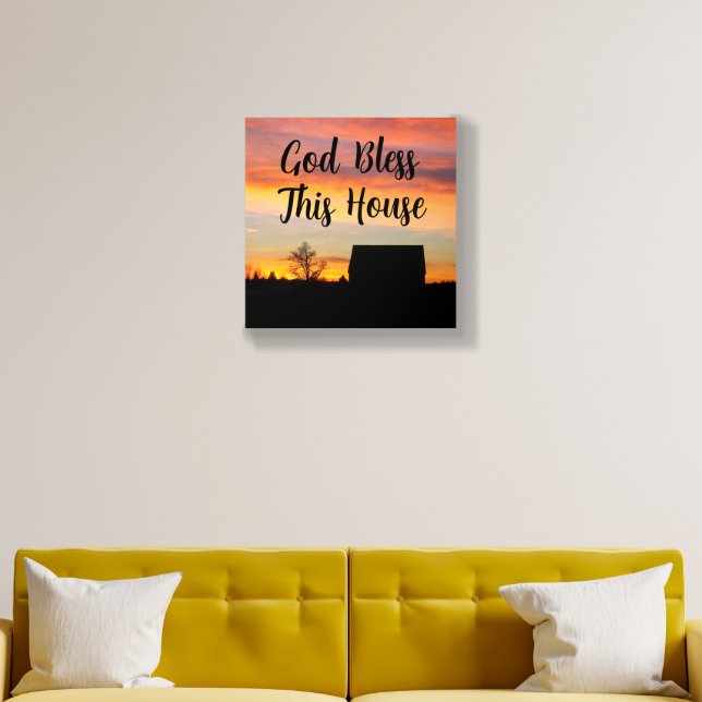 God Bless This House Sunset Silhouette Wood Photo Tile (Living Room)