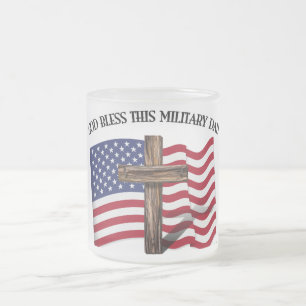 GOD BLESS THIS MILITARY DAD rugged cross & US flag Frosted Glass Coffee Mug