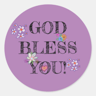 ‘God Bless You’ Christian Floral Purple Classic Round Sticker