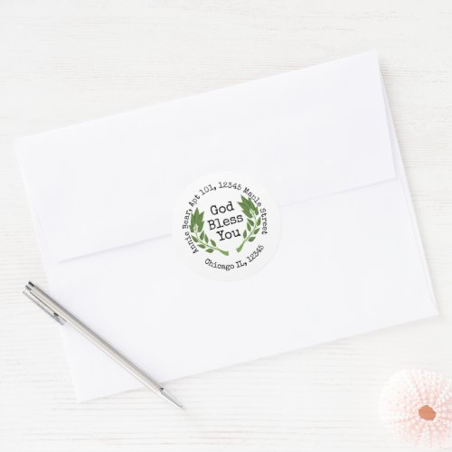 God Bless You Green Leaf Bay Laurel Return Address Classic Round Sticker