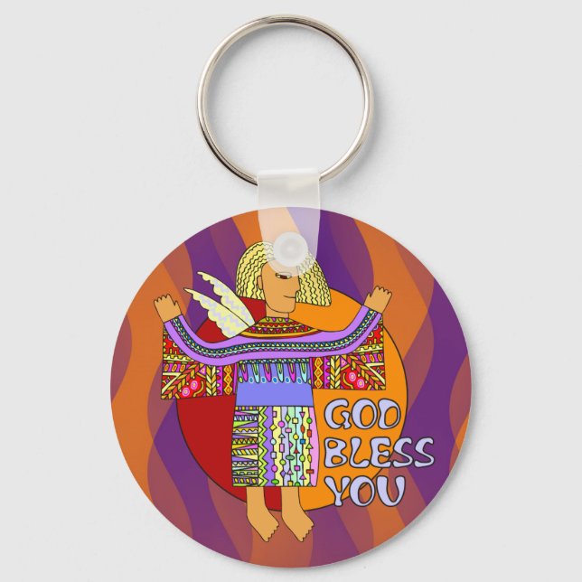 God Bless You | orange violet waves Keychain (Front)